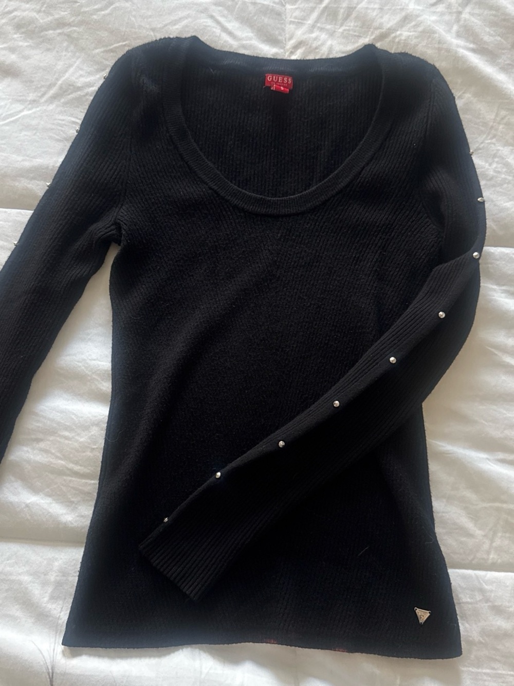 Guess Black Scoop Neck Sweater with Studded Accent Sleeves